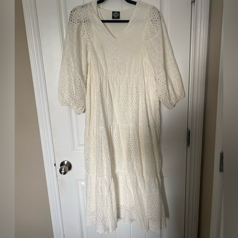 Cream Long Sleeve Eyelet Dress